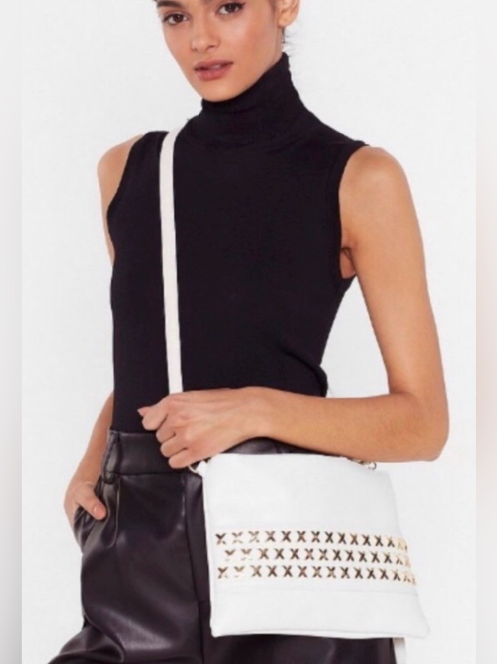 NWT Nasty Gal White Faux Leather Stud Clutch Wristlet Bag